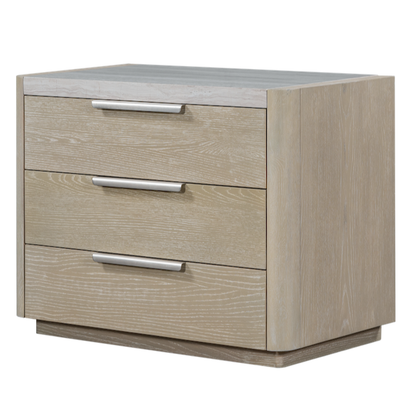 Warren 34" Oak & Marble Three Drawer Nightstand - Stone Wash + Limestone