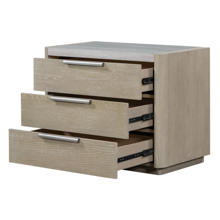 Warren 34" Oak & Marble Three Drawer Nightstand - Stone Wash + Limestone