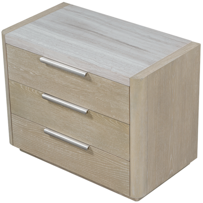 Warren 34" Oak & Marble Three Drawer Nightstand - Stone Wash + Limestone