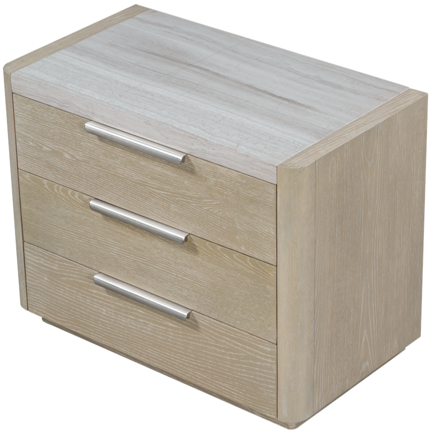 Warren 34" Oak & Marble Three Drawer Nightstand - Stone Wash + Limestone