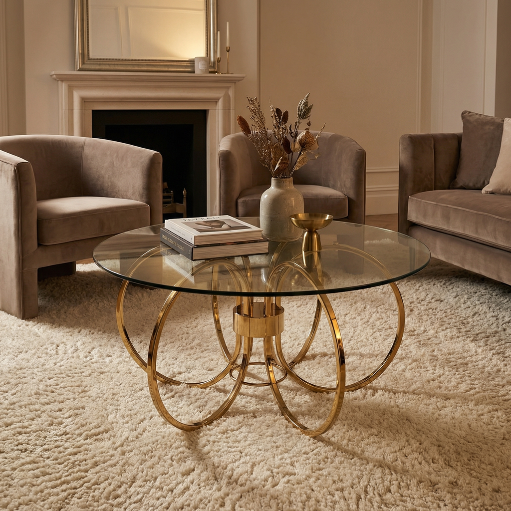 Amanda 35" Round Coffee Table - Brass + Glass