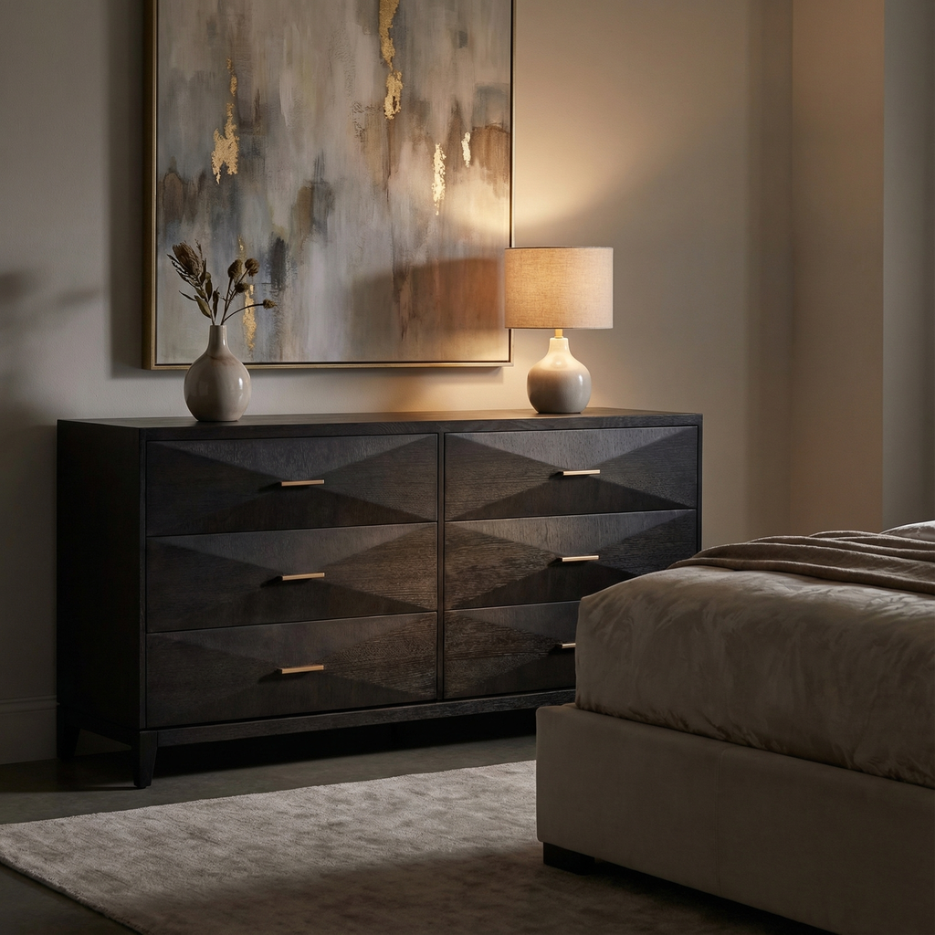 Astrid 64" Six Drawer Oak Dresser - Onyx + Aged Bronze