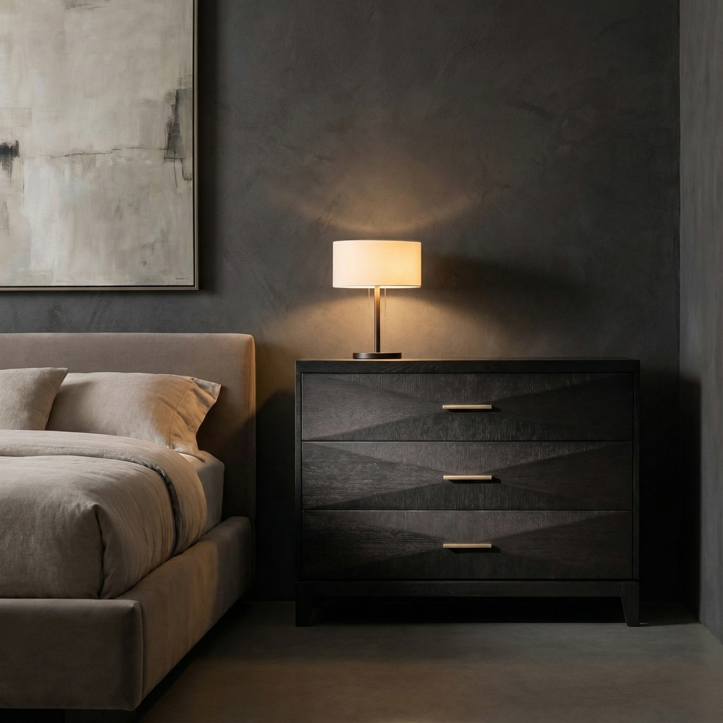 Astrid 34" 3 Drawer Oak Nightstand - Onyx + Aged Bronze