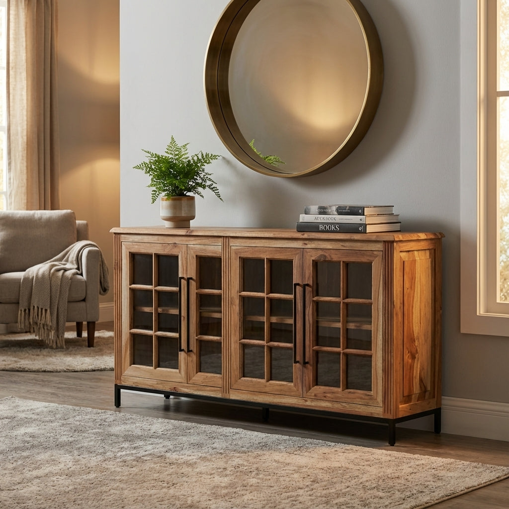 Atwell 77" 4 Door Glass Front Sideboard - Natural