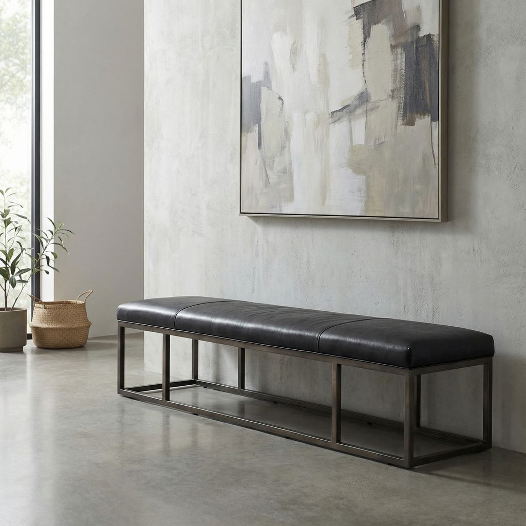 Beaufort 72" Leather + Iron Accent Bench - Black + Gunmetal