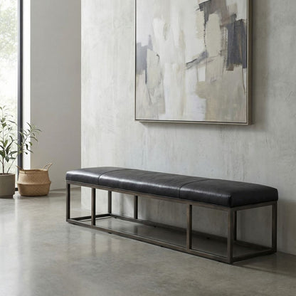 Beaufort 72" Leather + Iron Accent Bench - Black + Gunmetal