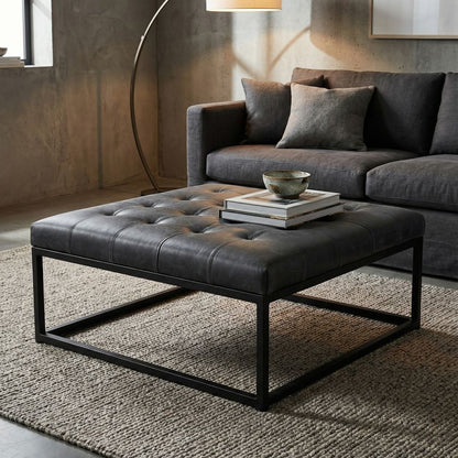 Bradley 36" Square Metal Frame Tufted Leather Ottoman
