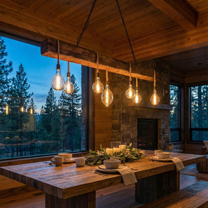 Cumberland Gap 72" Hand Hewn Beam w/ 7 Bulb Chandelier - Earth w/Tan Cord