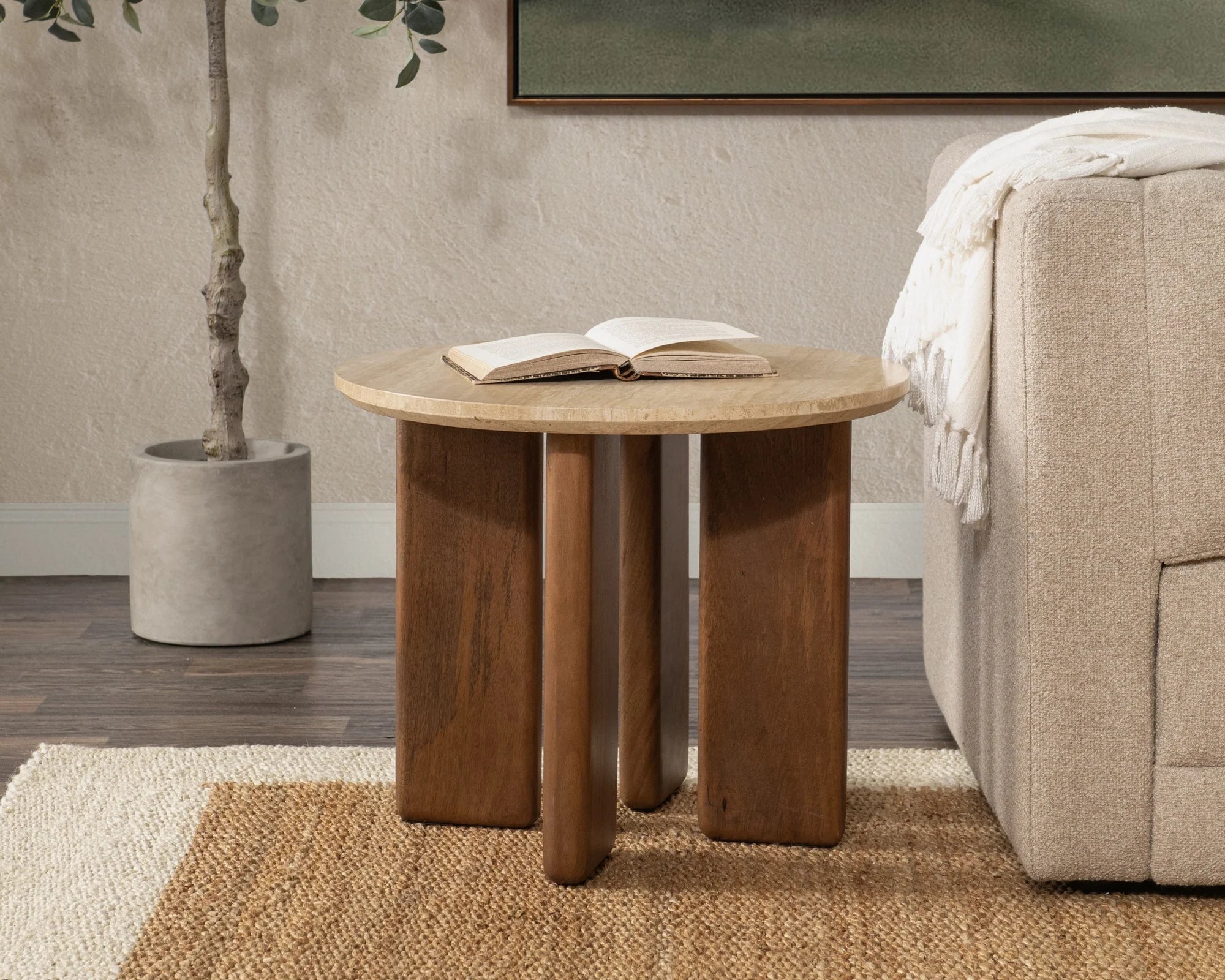 Wesley 24" Round Travertine End Table - Tan