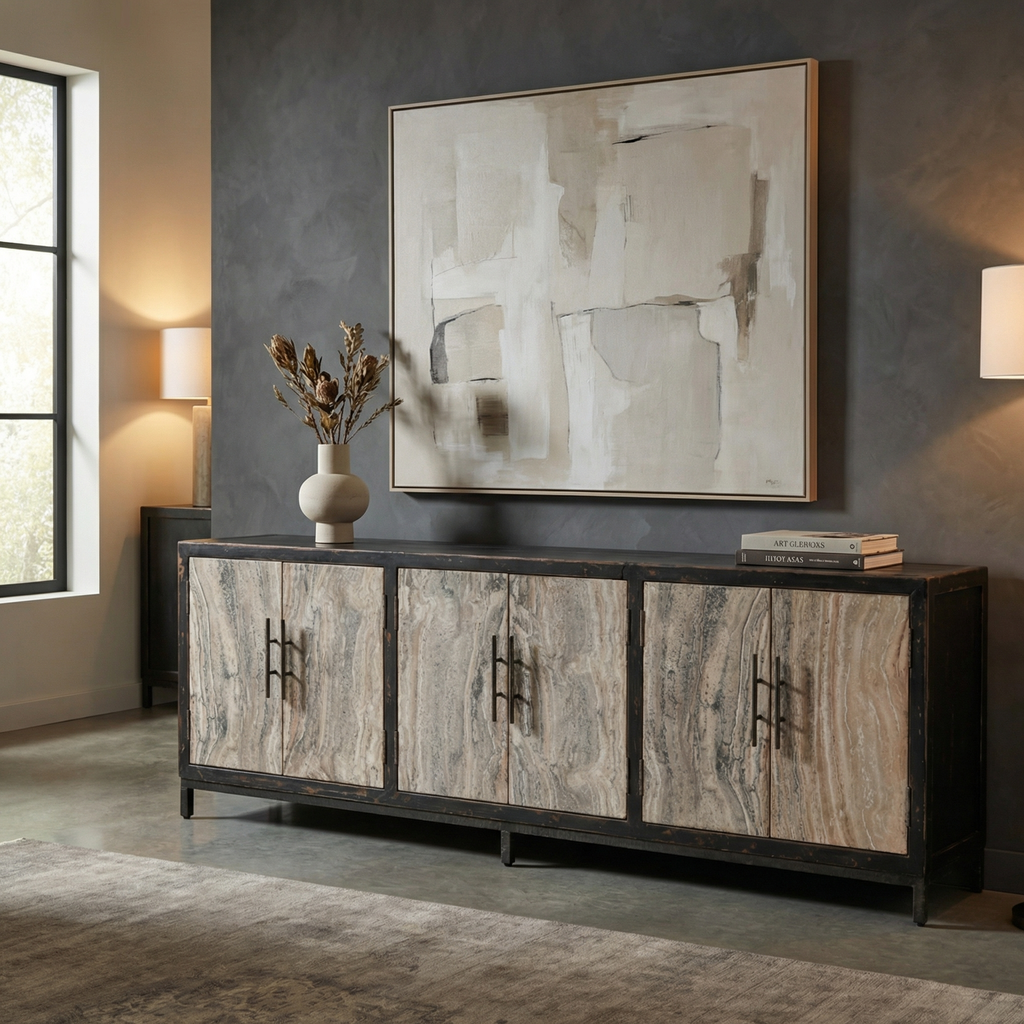 Drake 103" Reclaimed Pine + Travertine 6 Door Sideboard