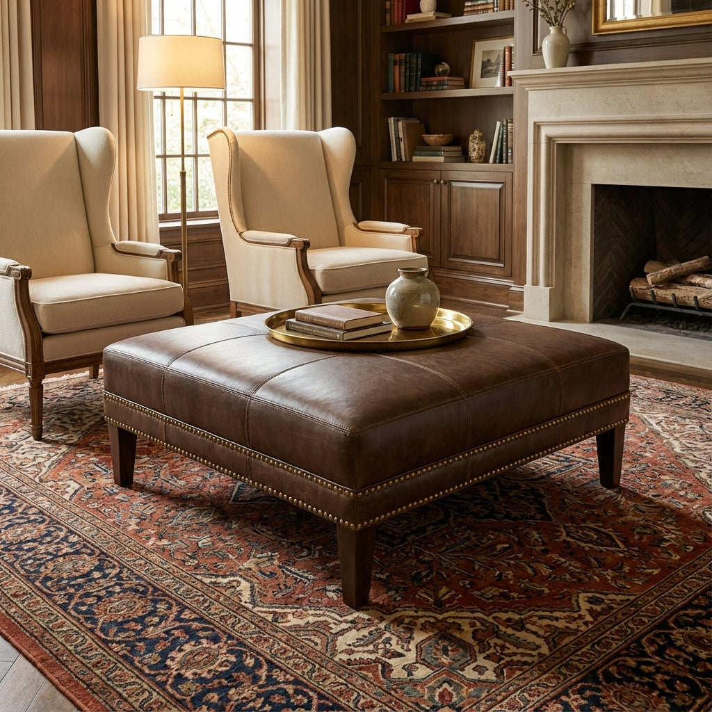 Dutton 42" Customizable Square Top Grain Leather Cocktail Ottoman - Wild Bronco + Brass Nailheads