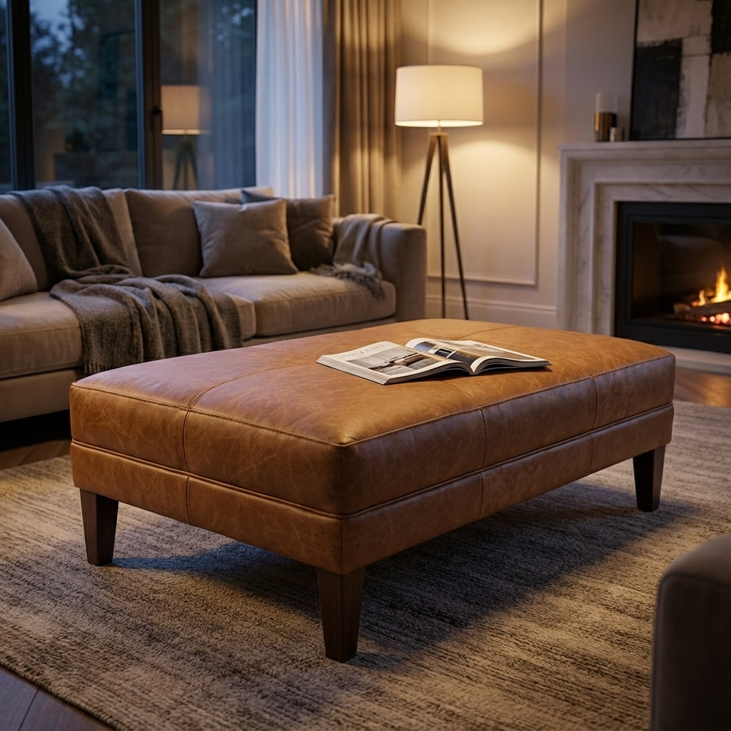 Dutton 46" Rectangle Top Grain Leather Cocktail Ottoman - Omaha Amber