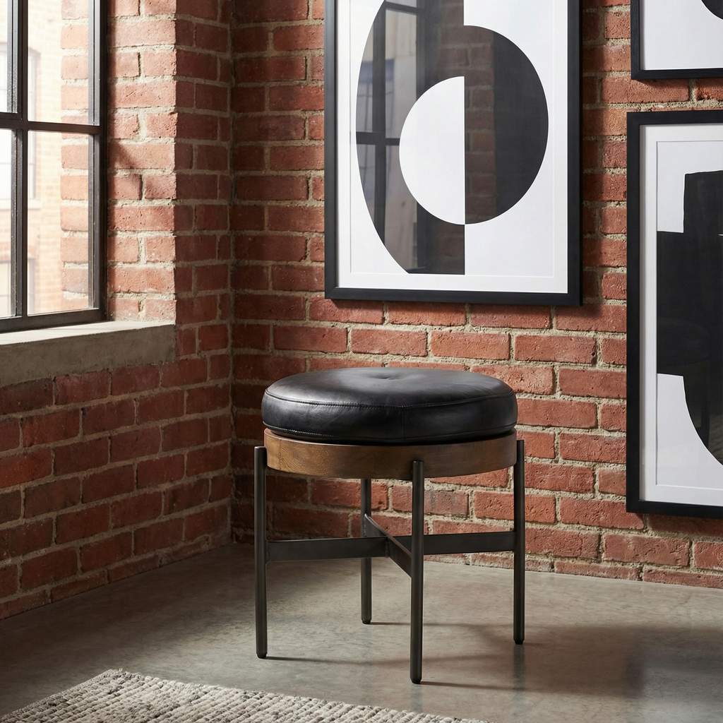 Edison 18" Top Grain Leather Small Ottoman - Sonoma Black + Iron