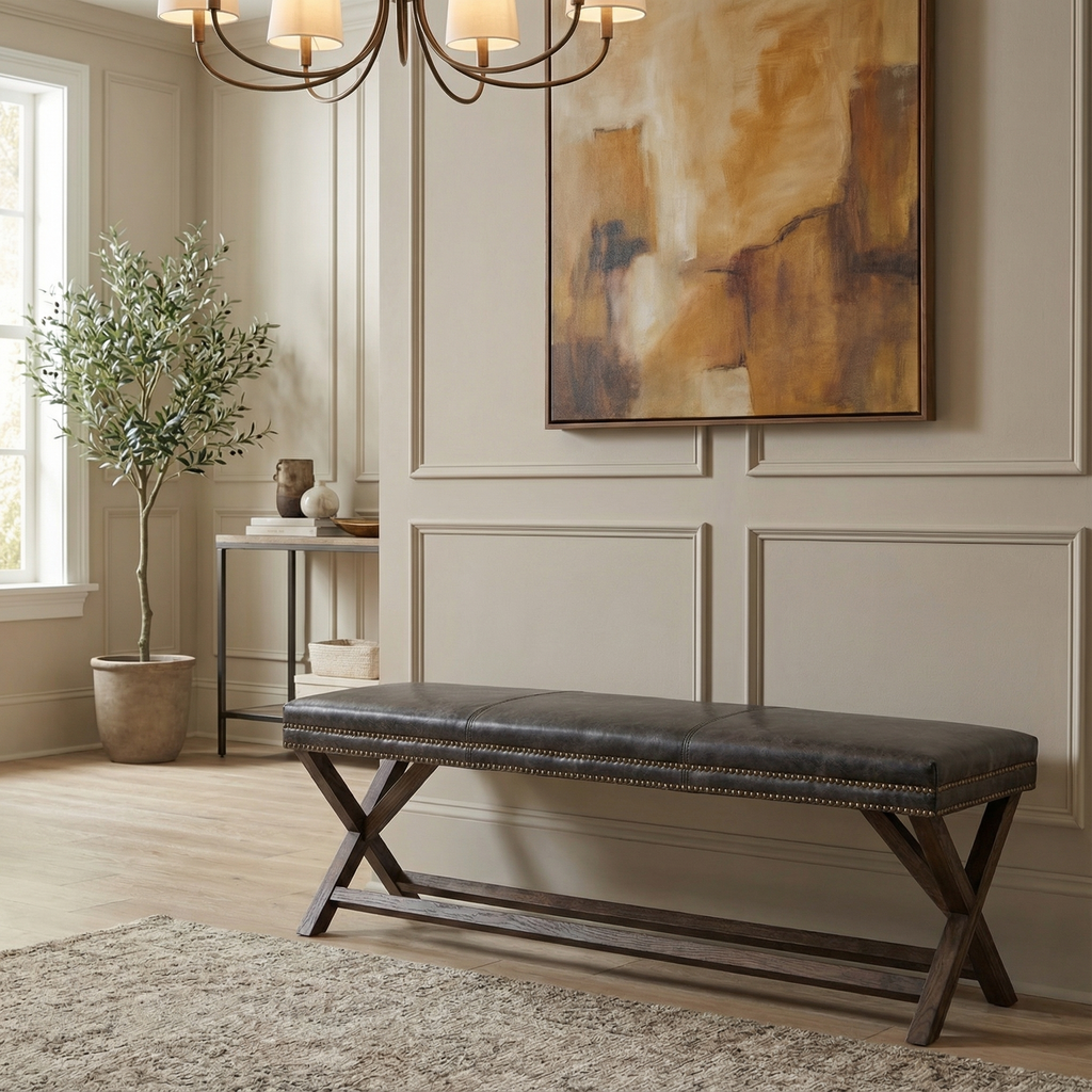 Elise 59" Wood + Leather Bench - Smoke