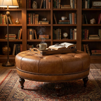 Elliott 42" Round Top Grain Leather Tufted Cocktail Ottoman - Desert Sand