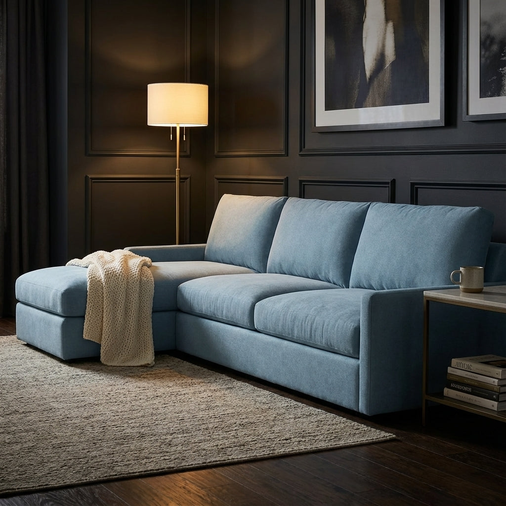 Ethan Quick Ship 128" 2 Trillium Cushion Sofa + Chaise