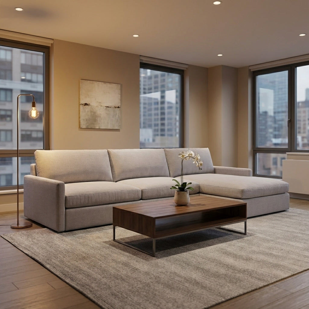 Ethan Luxe Express Ship 139" 2 Trillium Cushion Sofa + Chaise - Crypton Quicksilver