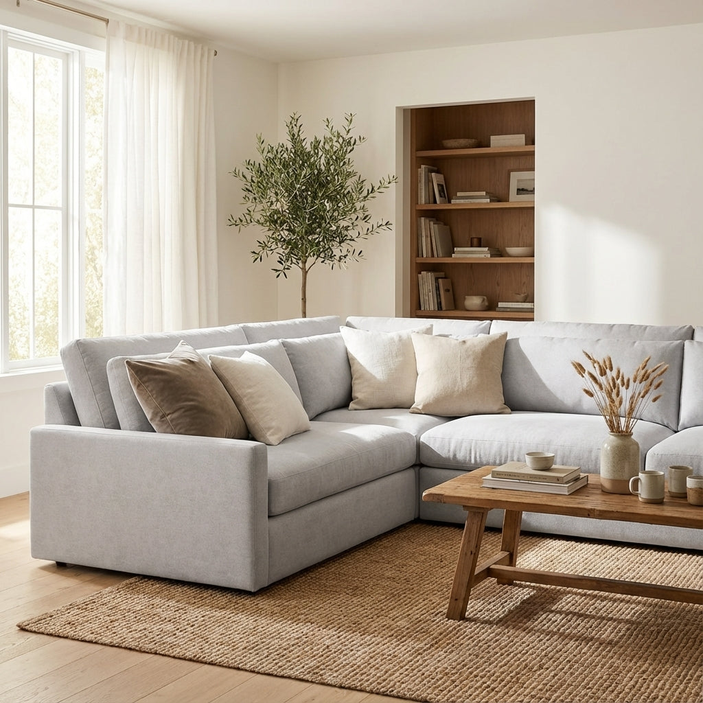 Ethan Luxe Express Ship 117" x 103" 5 Trillium Cushion Sectional + Kidney Pillow - Crypton Natural Linen