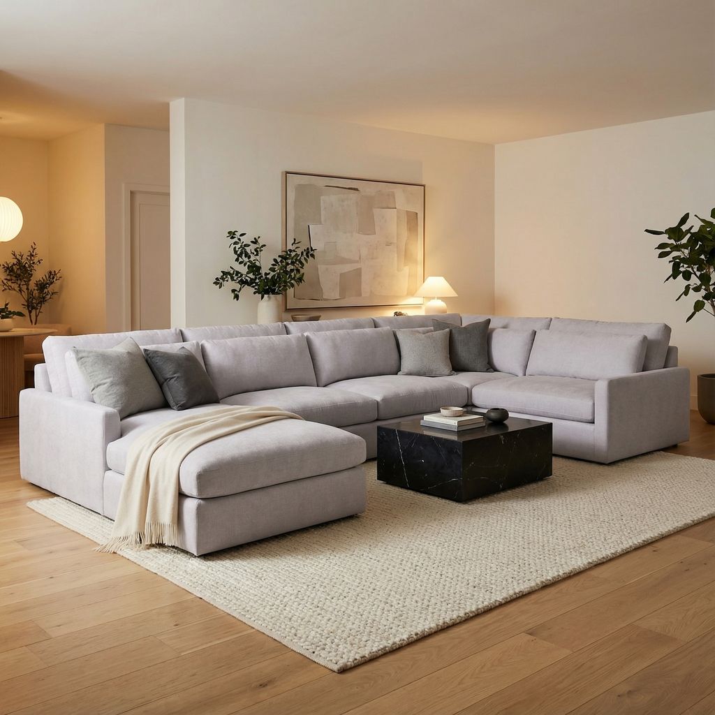 Ethan Luxe Express Ship 144" x 111" 5 Trillium Cushion Sectional + Chaise + Kidney Pillows