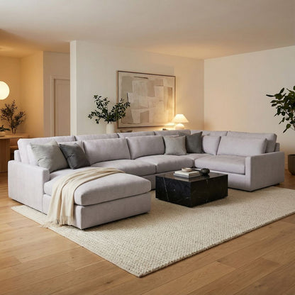 Ethan Luxe Express Ship 144" x 111" 5 Trillium Cushion Sectional + Chaise + Kidney Pillows