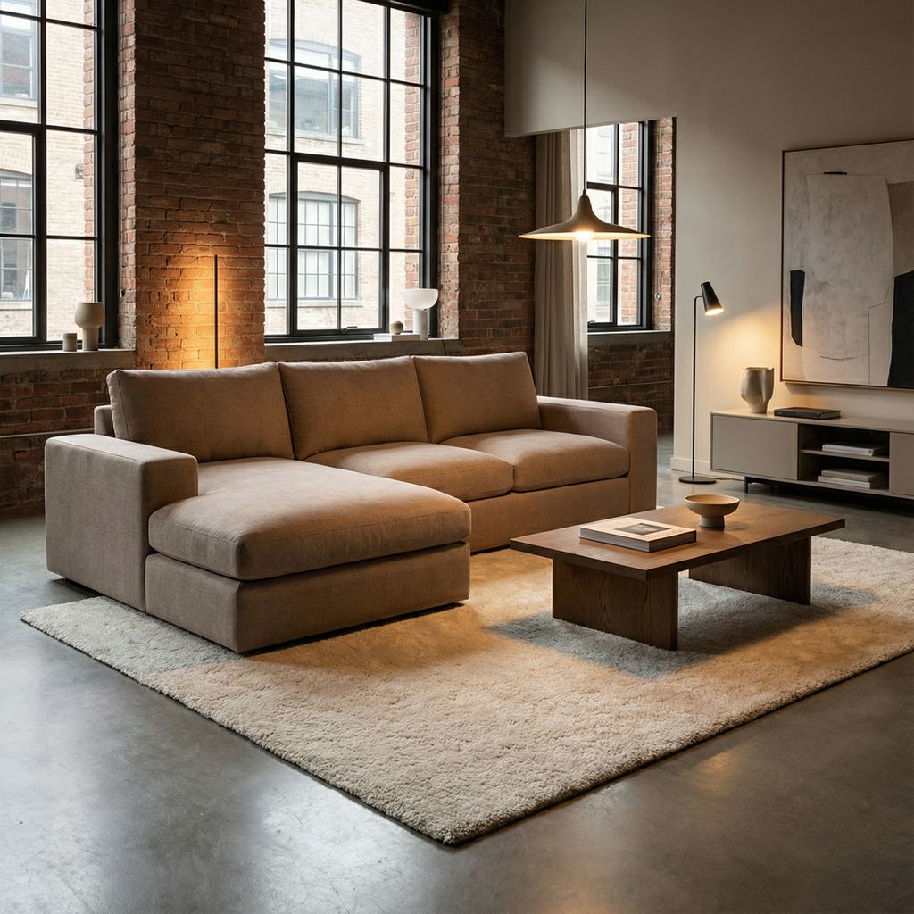 Everette Quick Ship Trillium Cushion 116" Sofa + LAF Chaise - Crypton Natural Linen