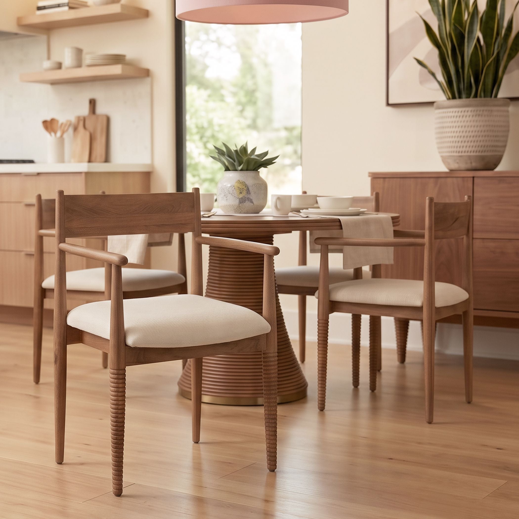 Blair Upholstered Dining Chair - Beige Linen + Natural Brown