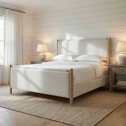Freda 88" Upholstered King Bed - Soft Pebble + Raw Oak