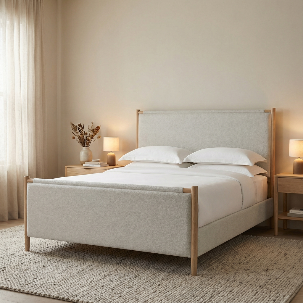 Freda 65" Upholstered Queen Bed - Soft Pebble + Raw Oak