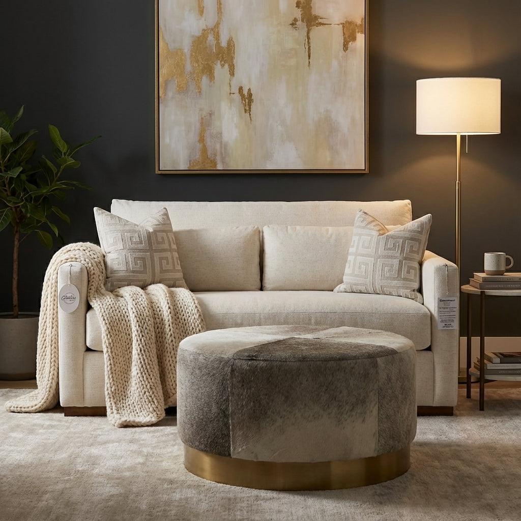 Jerilyn 36" Top Grain Leather Cowhide Ottoman - Frost + Brass