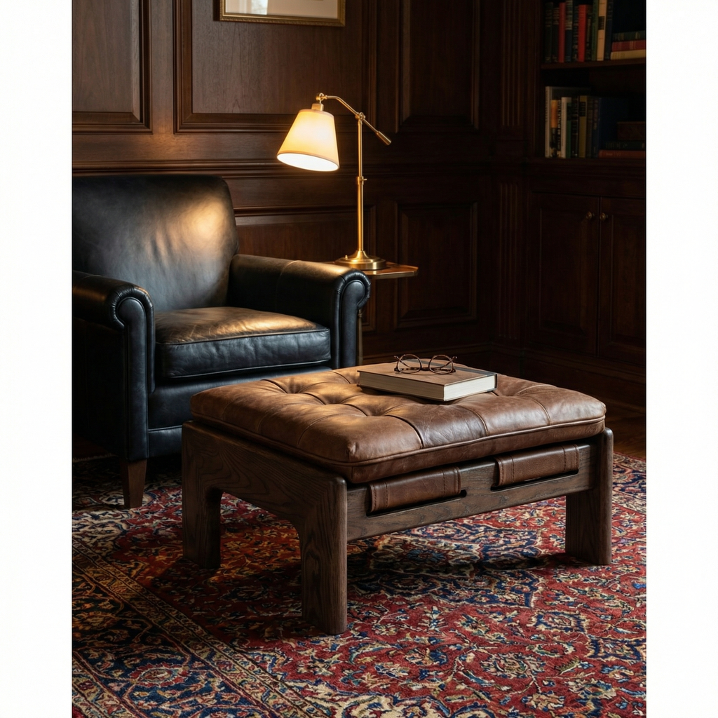 Halton 27" Top Grain Leather Square Ottoman - Heirloom Sienna