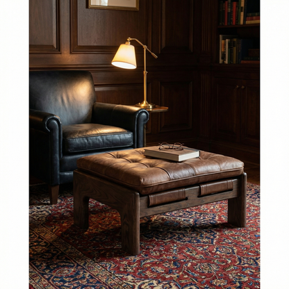 Halton 27" Top Grain Leather Square Ottoman - Heirloom Sienna