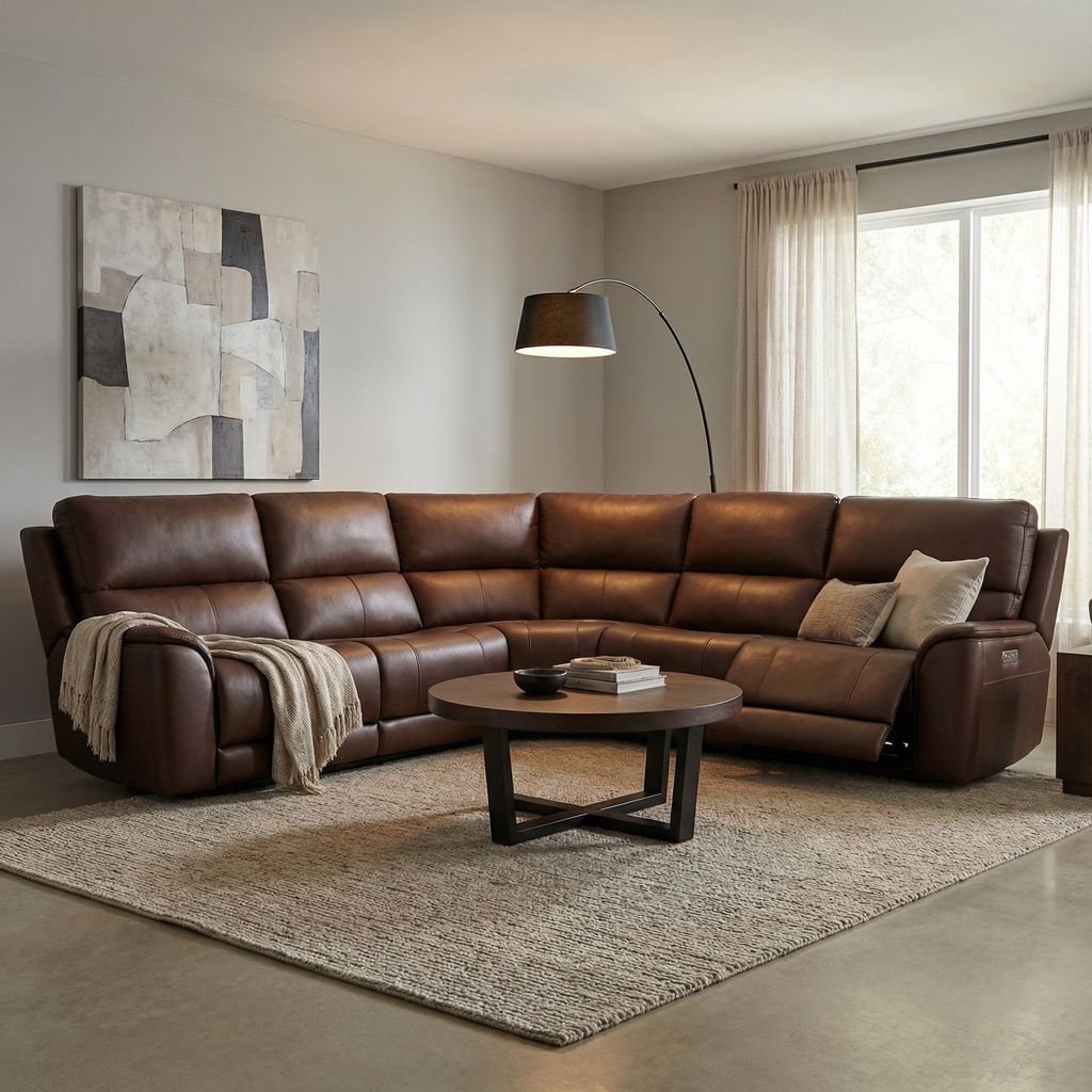 Horace 110” x 108” Top Grain Leather Power Motion Reclining 5 Seat Sectional -  Brompton Brown