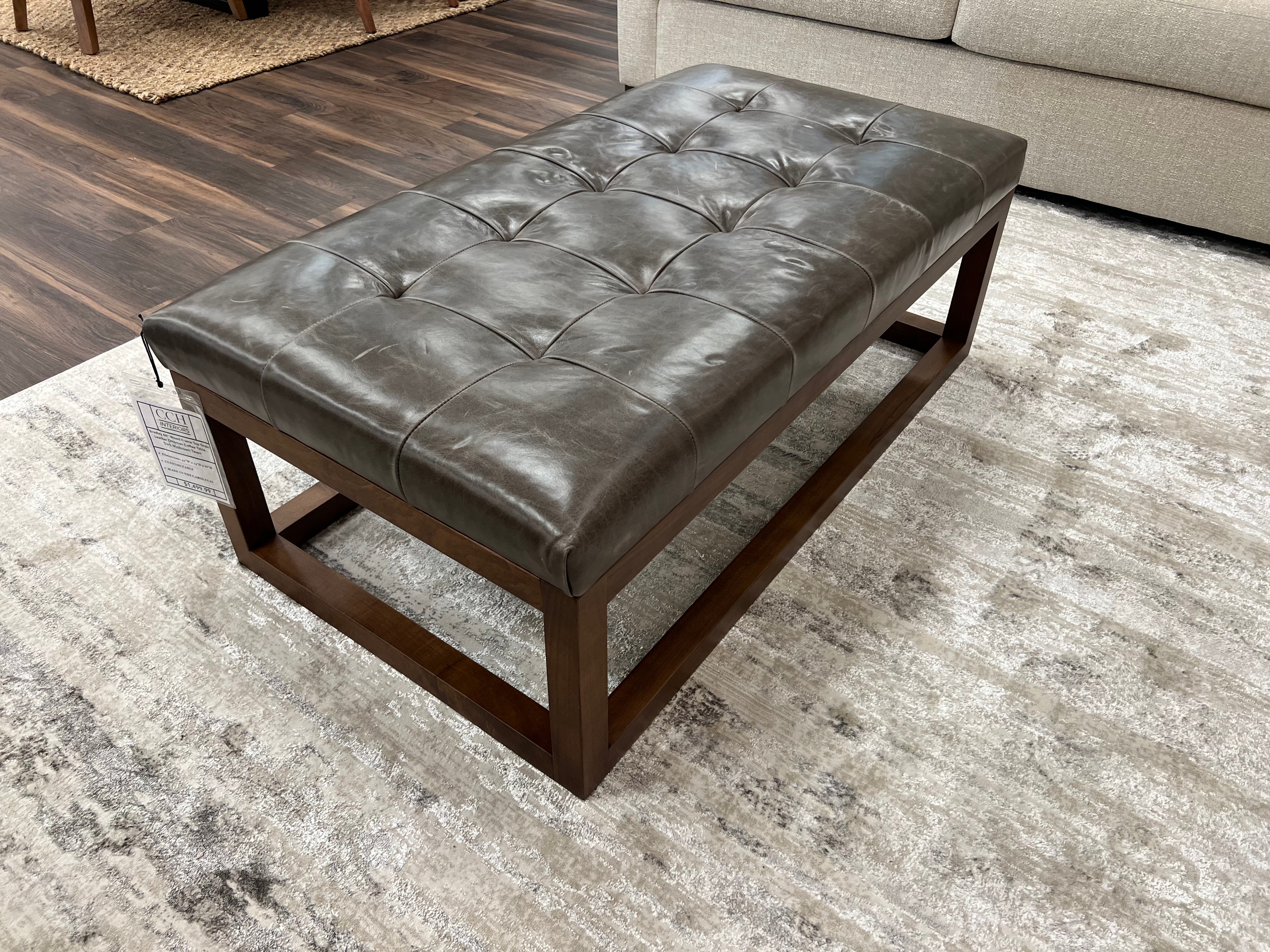 Bradley 44" Wood Frame Top Grain Leather Ottoman Coffee Table - Dark Mushroom Taupe