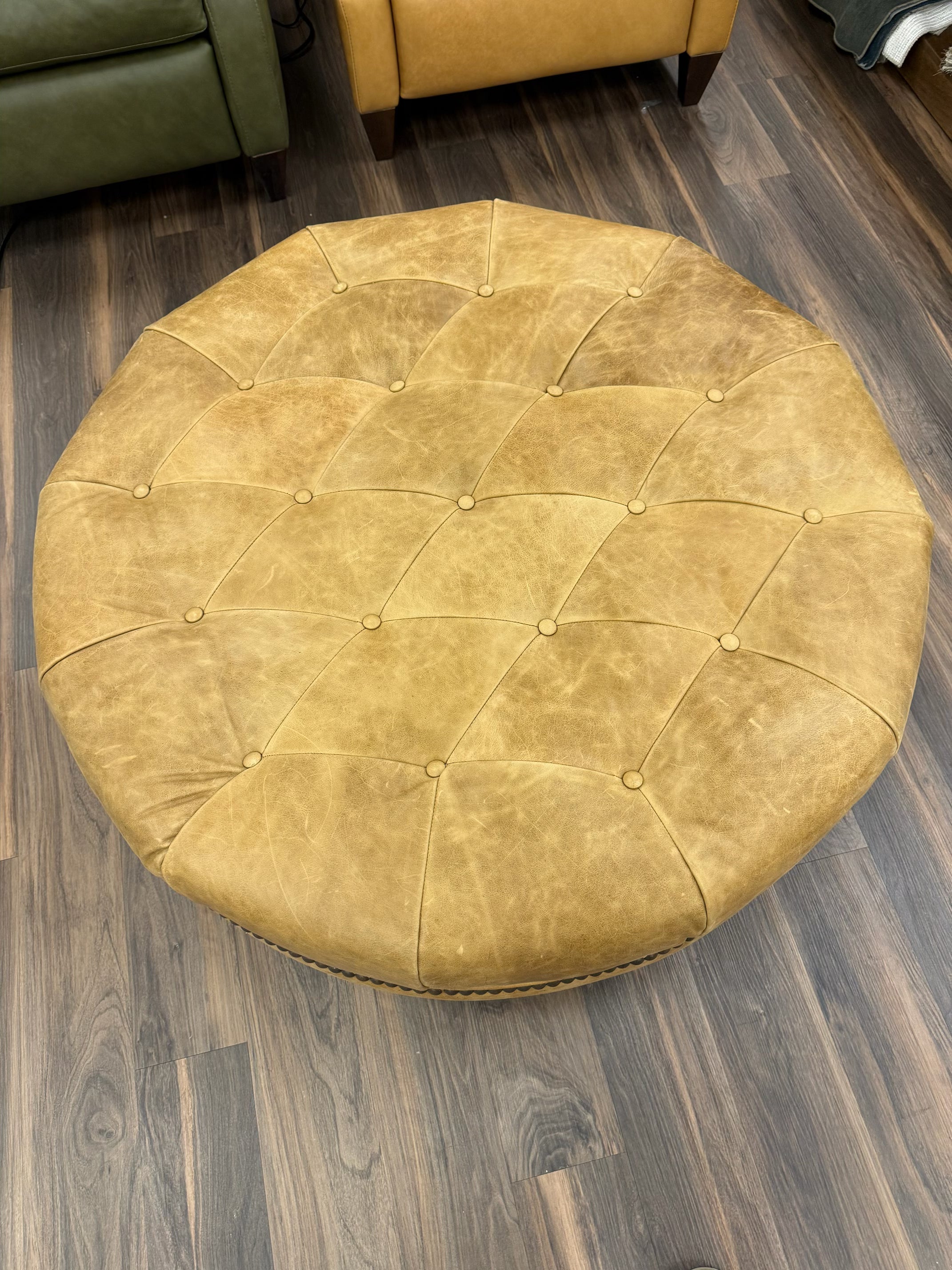 Elliott 36" Round Top Grain Leather Tufted Cocktail Ottoman - Bermuda Camel