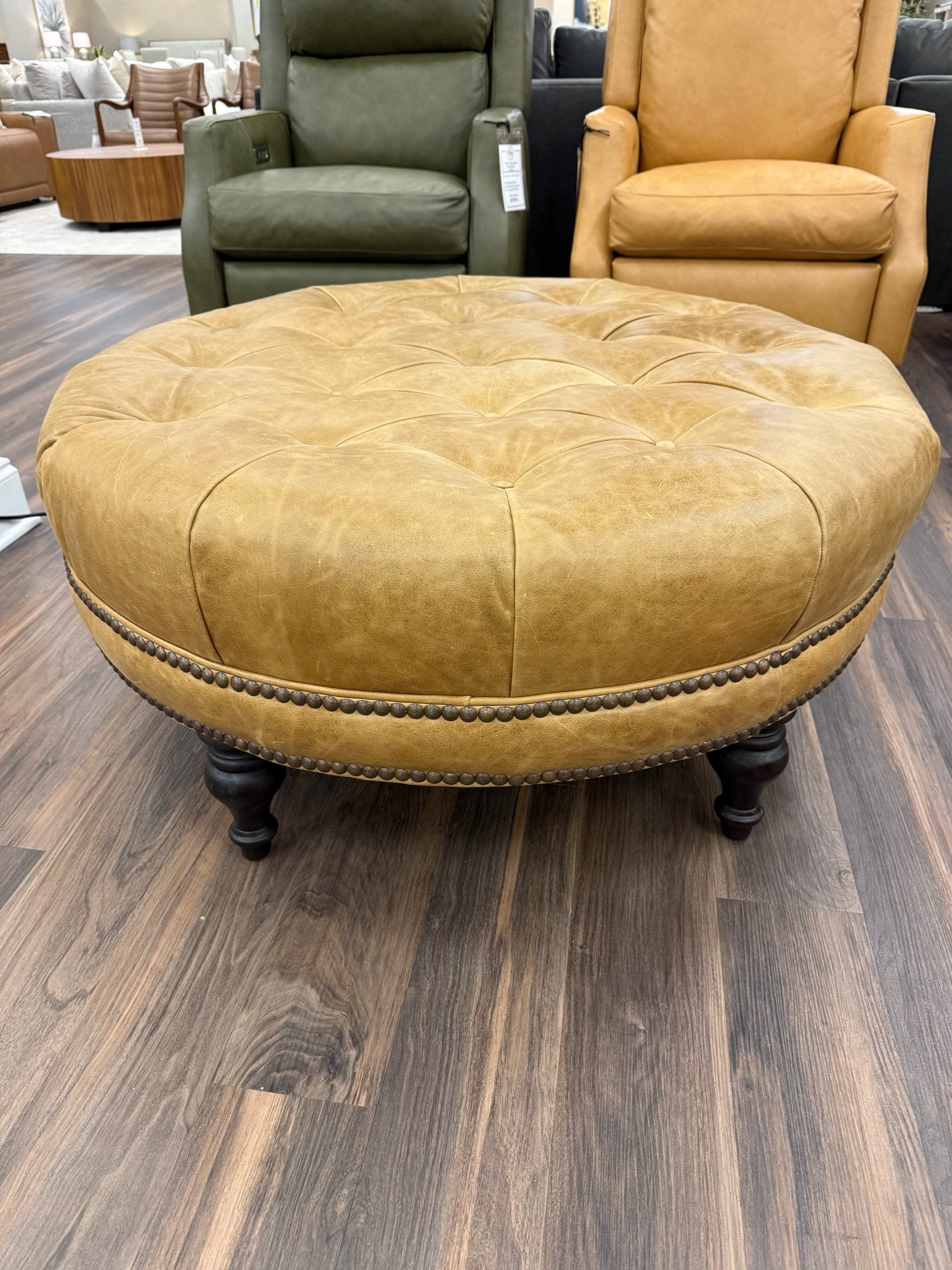 Elliott 36" Round Top Grain Leather Tufted Cocktail Ottoman - Bermuda Camel