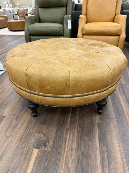 Elliott 36" Round Top Grain Leather Tufted Cocktail Ottoman - Bermuda Camel