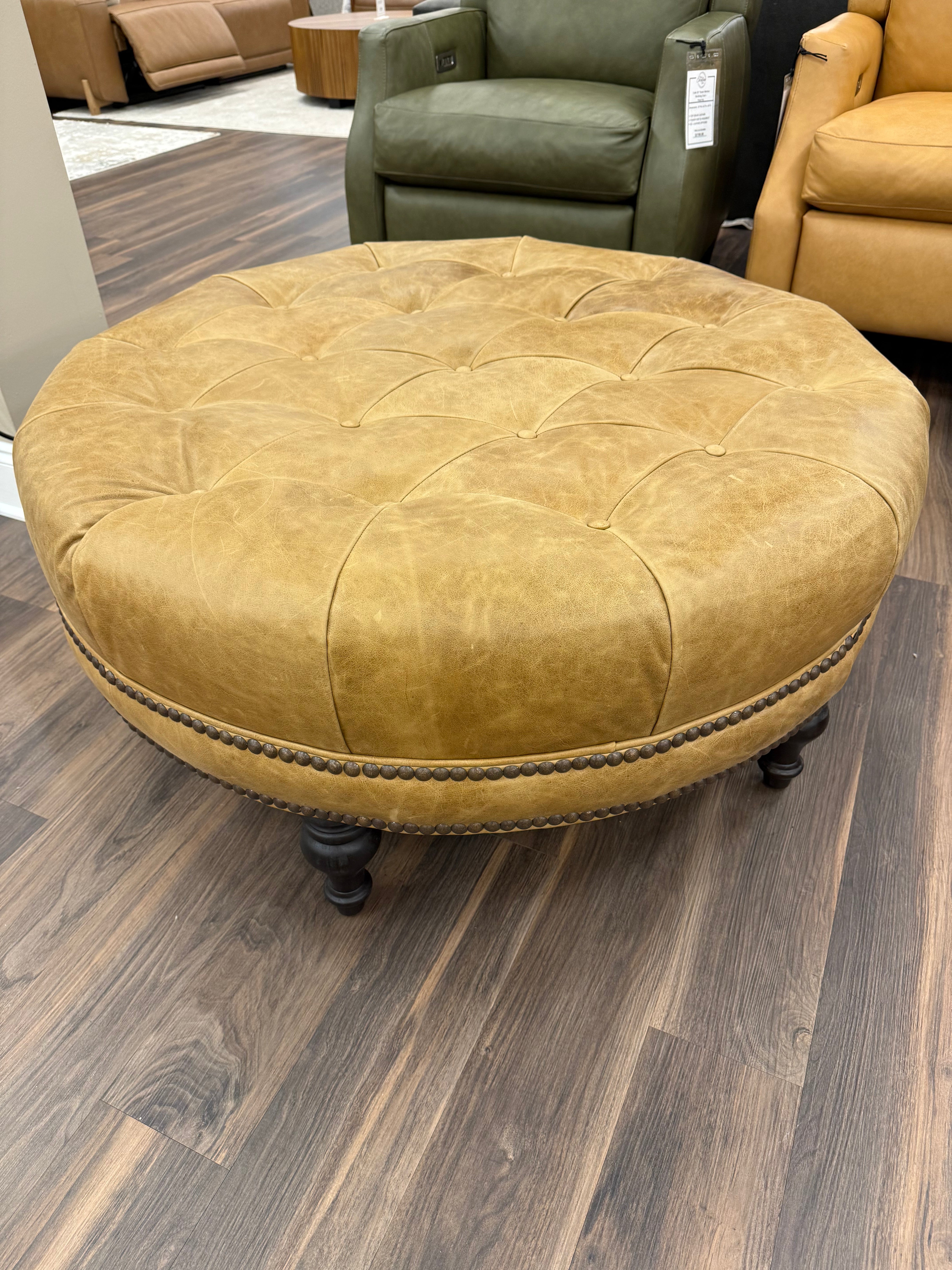 Elliott 36" Round Top Grain Leather Tufted Cocktail Ottoman - Bermuda Camel