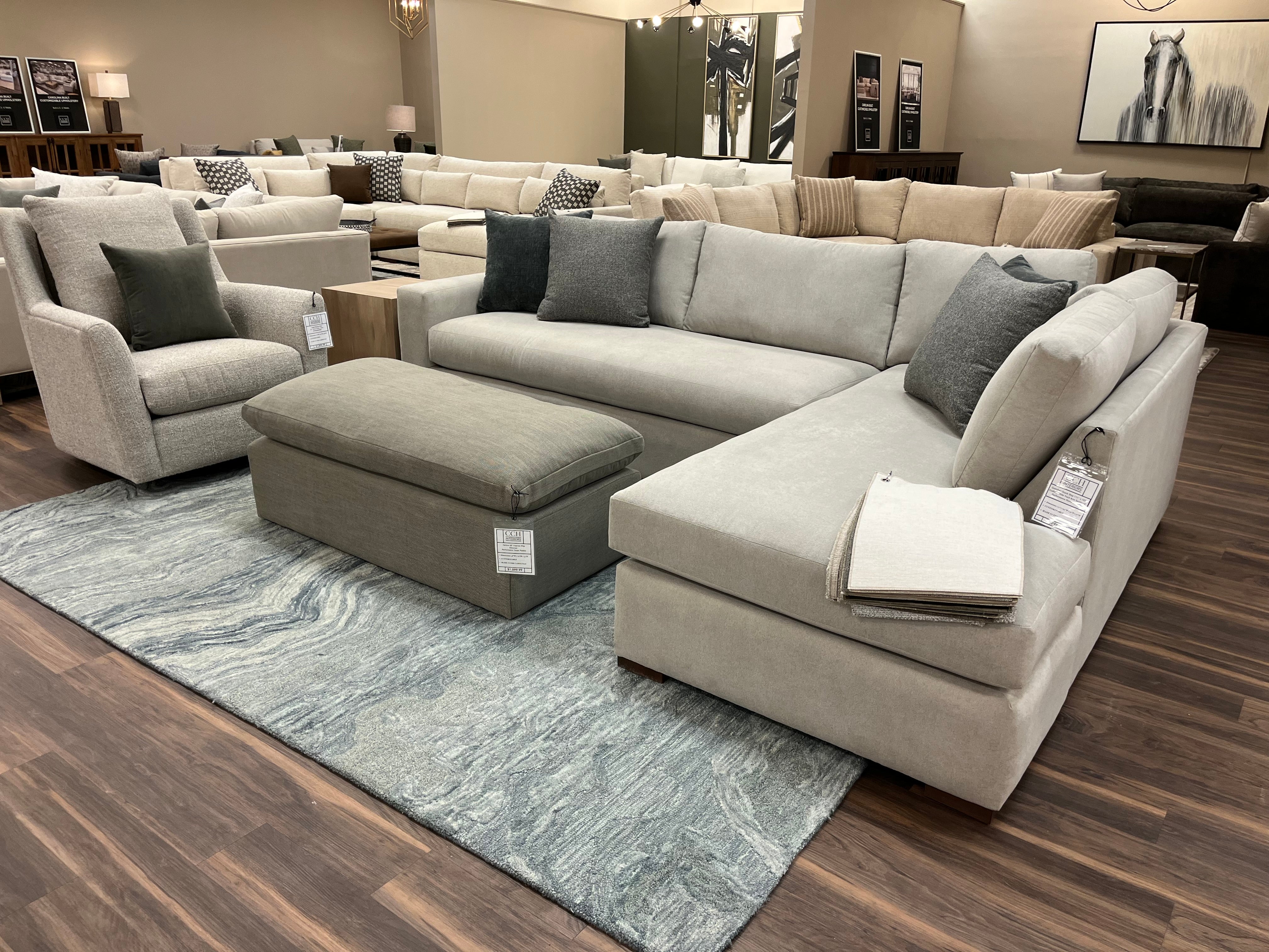 Gretchen Express Ship 122" Wide Track Arm Bench Cushion Sofa + RAF Bumper Chaise - Platinum