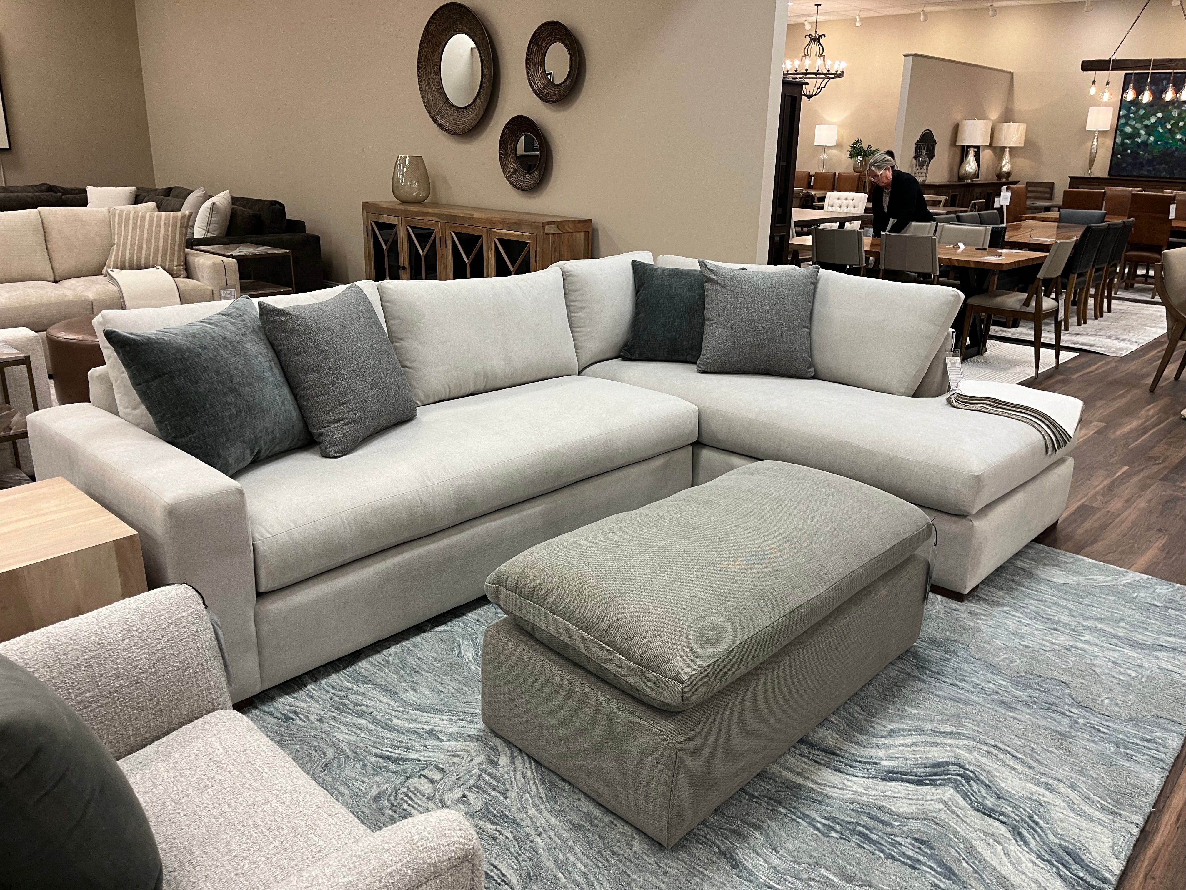 Gretchen Express Ship 122" Wide Track Arm Bench Cushion Sofa + RAF Bumper Chaise - Platinum