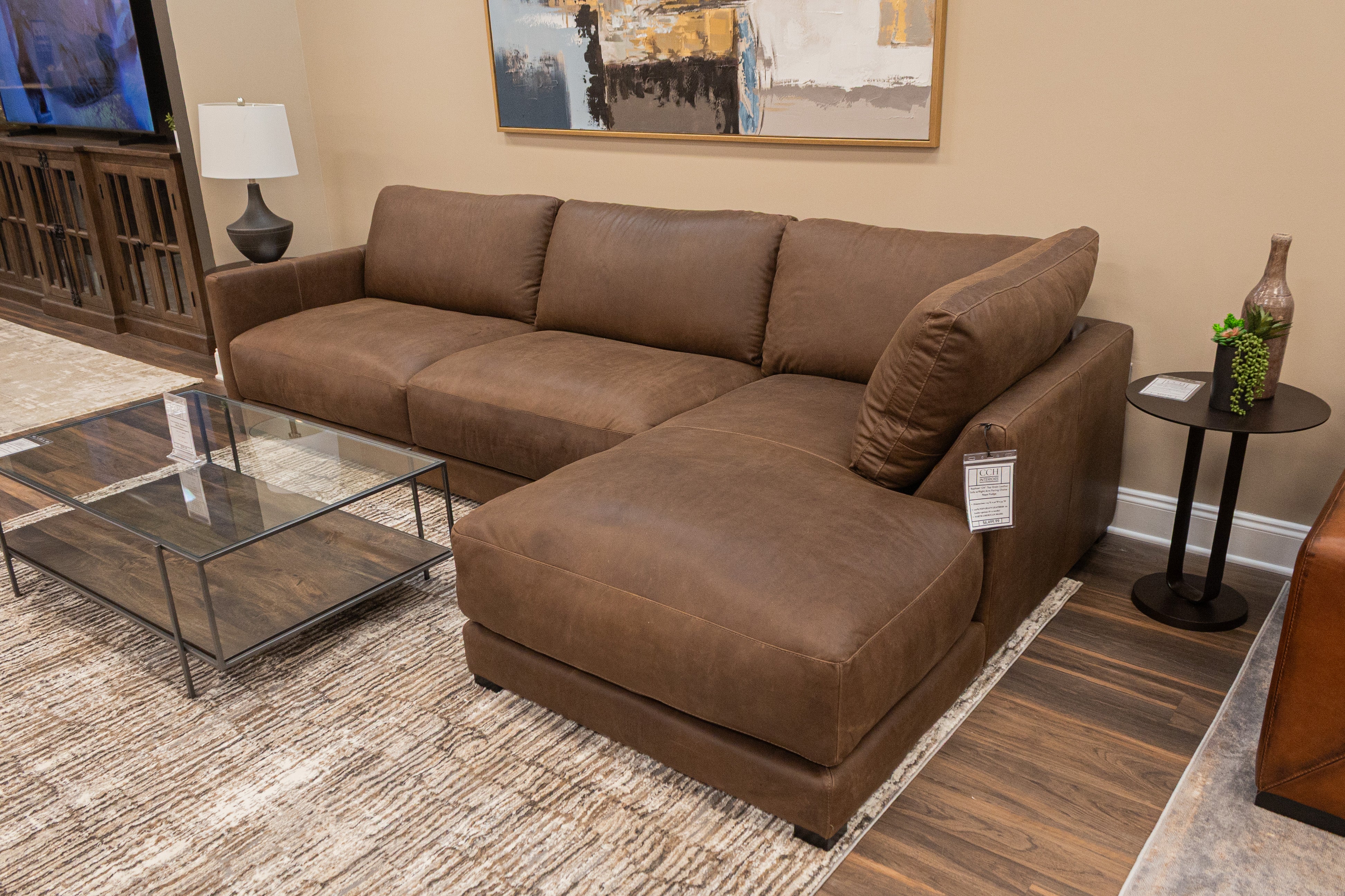 Raphael 124" Top Grain Leather Sofa w/Right Arm Facing Chaise - Napa Fudge