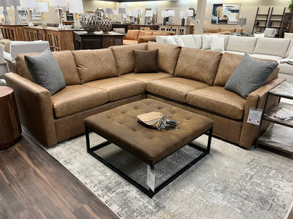 Wyatt 96" x 99" Wide Track Arm 5 Cushion Top Grain Leather Sectional - Omaha Amber + Brass Nailheads