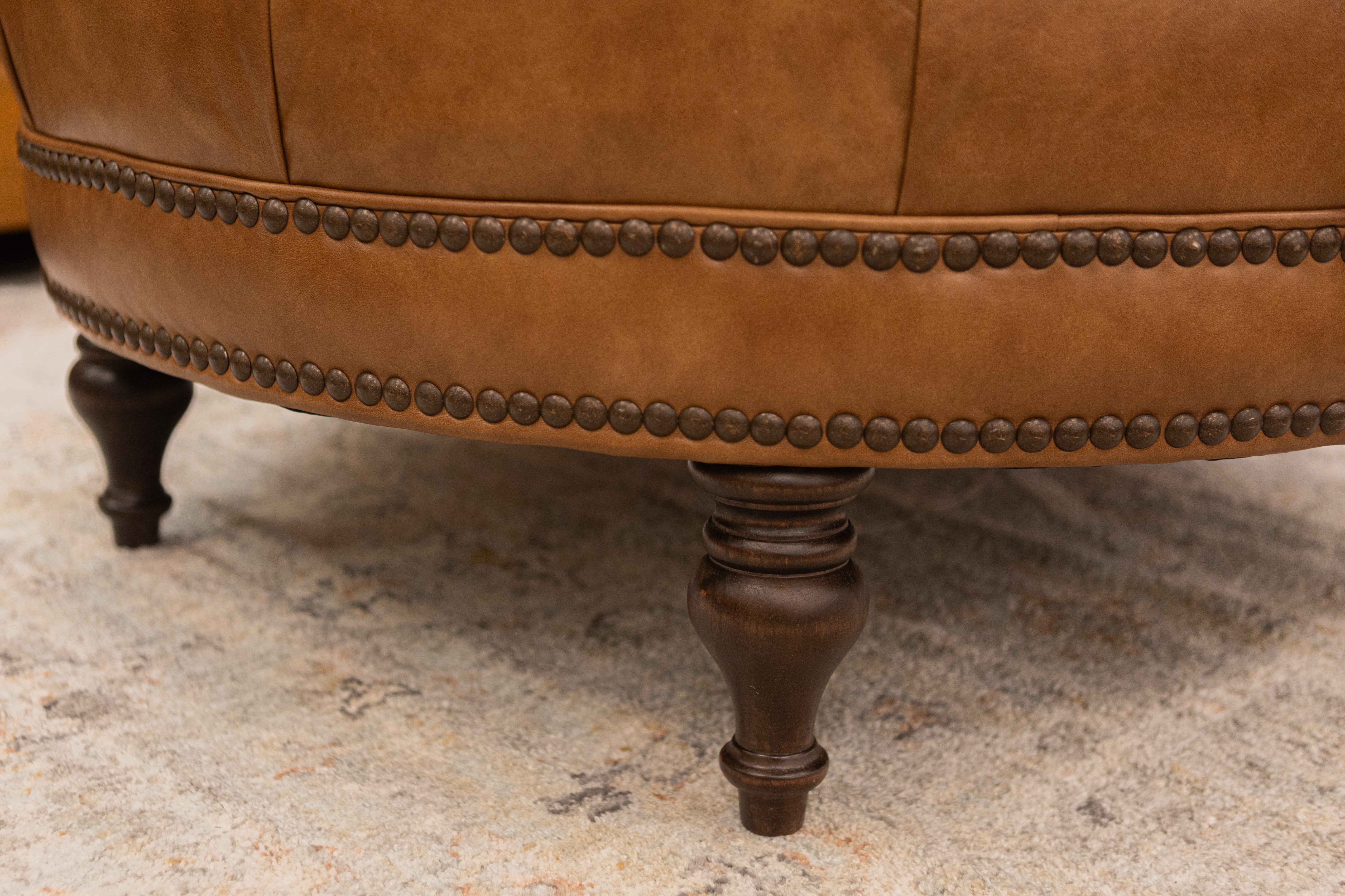Elliott 42" Round Top Grain Leather Tufted Cocktail Ottoman - Desert Sand