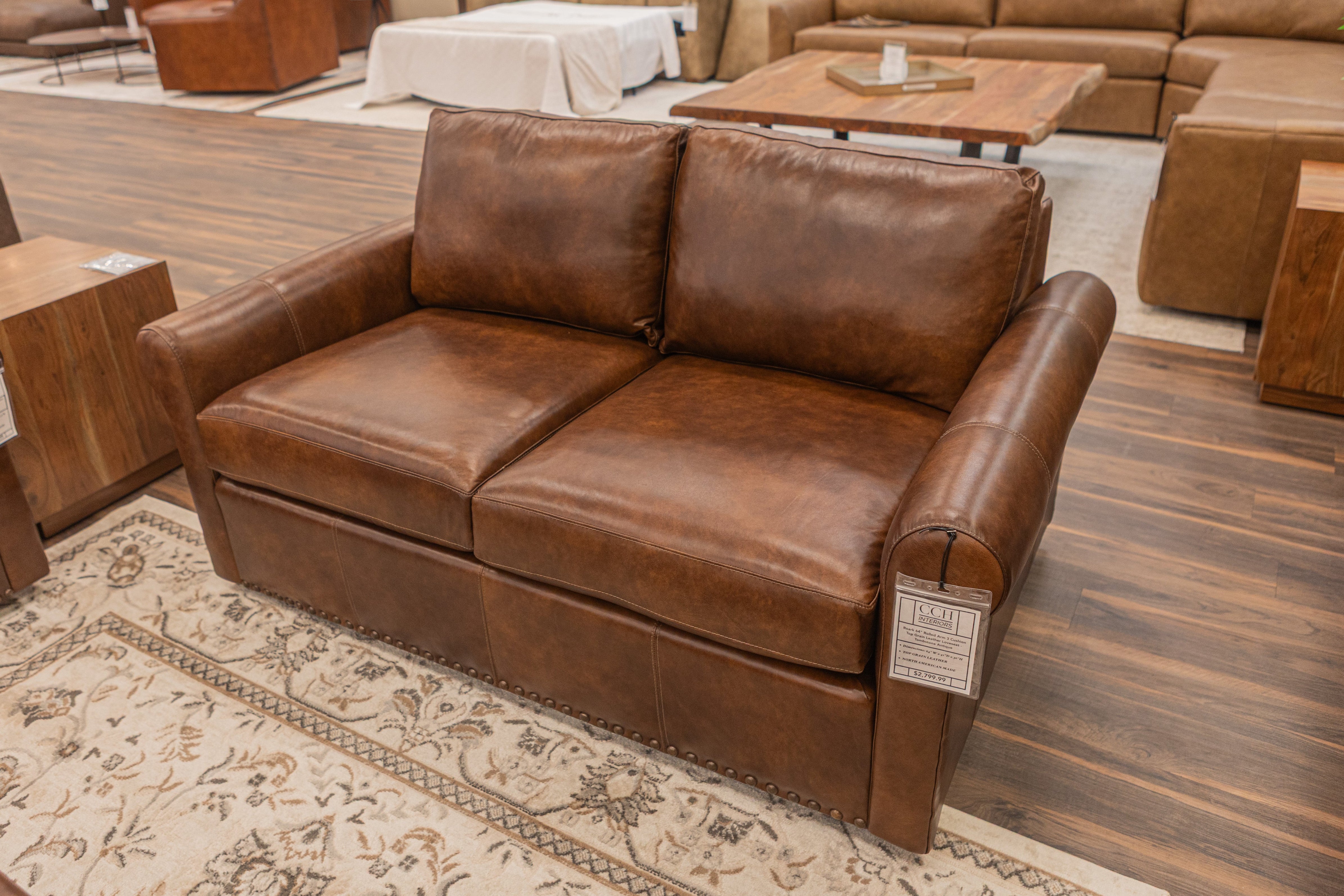 Roark 64" Rolled Arm 3 Cushion Top Grain Leather Loveseat - Tombstone Antique