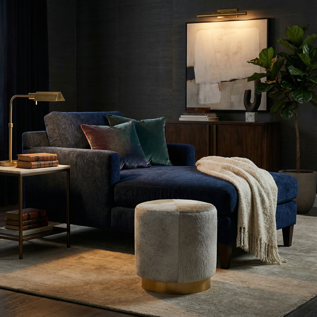 Jerilyn 18" Top Grain Leather Cowhide Ottoman- Frost & Brass