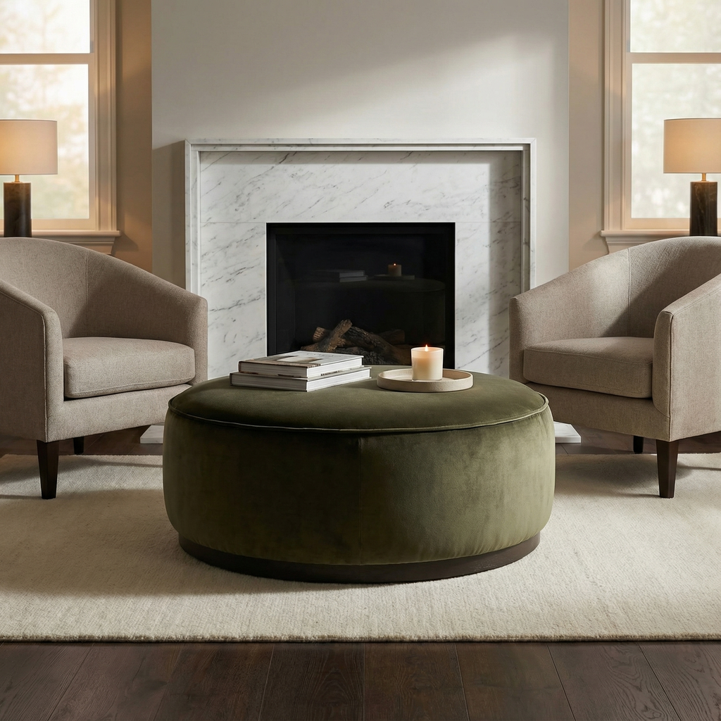 Johnna 36" Round Ottoman - Deep Olive Velvet