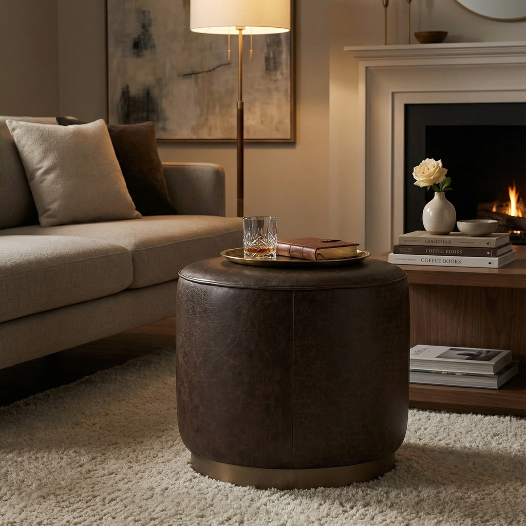 Jude 20" Top Grain Leather Round Ottoman - Cocoa Brown