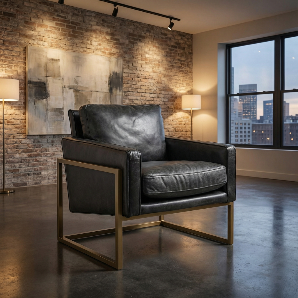 Kyrie Top Grain Leather Club Chair - Black + Brass