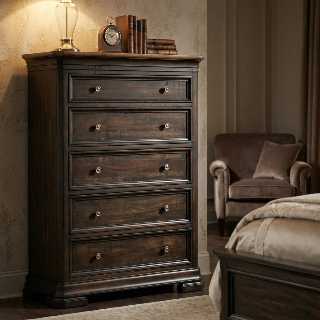 Lewis 42" Mahogany 5 Drawer Chest - Natural + Charcoal