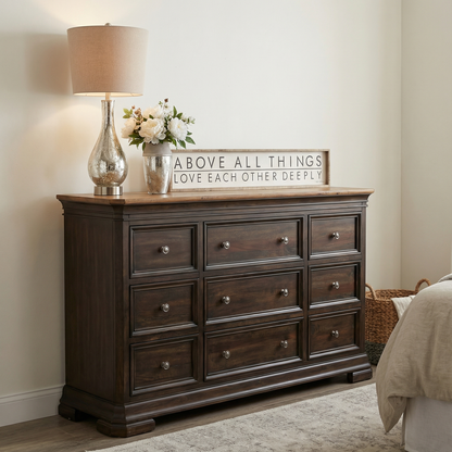 Lewis 66" Mahogany 9 Drawer Dresser - Natural + Charcoal