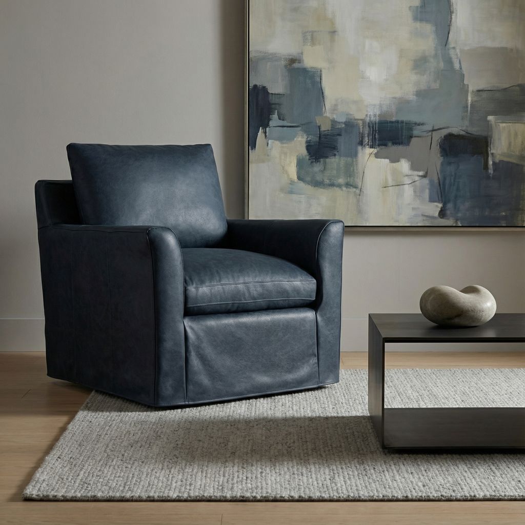 Liam 34" Top Grain Leather Swivel Chair - Navy